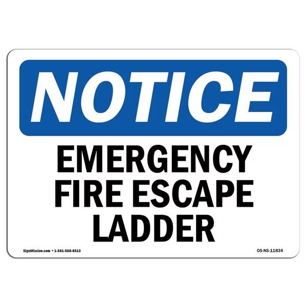 OSHA Notice Sign, Emergency Fire Escape Ladder, 14in X 10in Decal, 10
